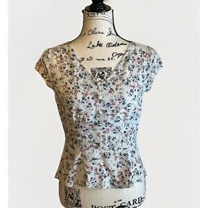 Japna Peplum Floral Top With Cloth Buttons Smocked Waist On Back Size M Romantic